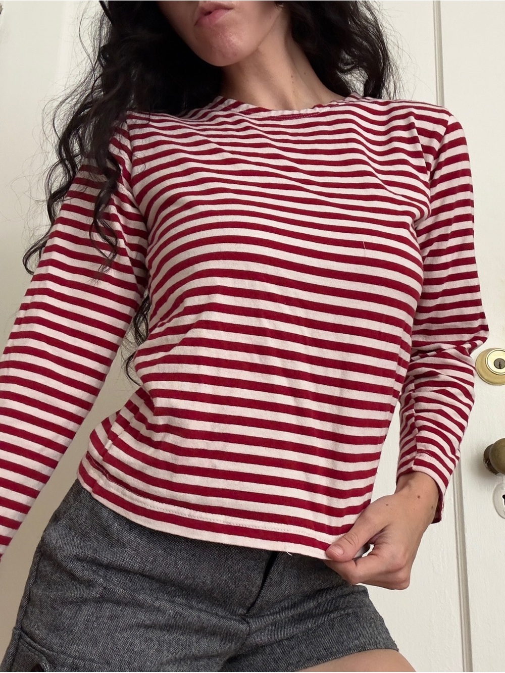 Red and White Striped Long-Sleeve Top